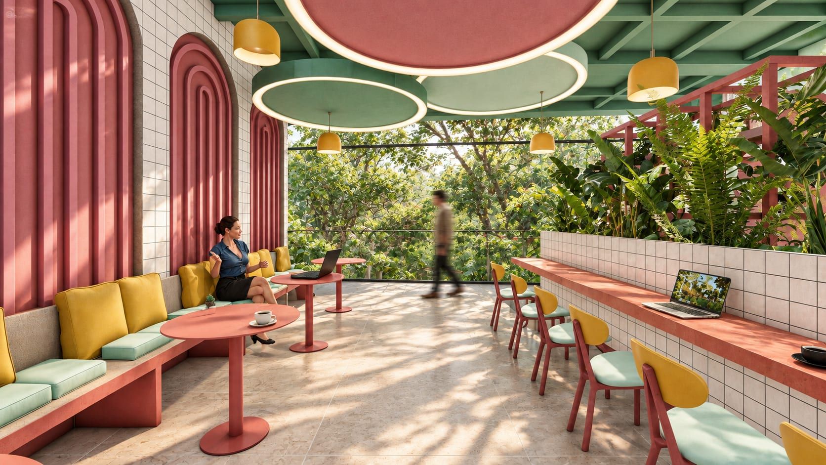 Zona de trabajo con mobiliario en rosa, verde y amarillo y vista a la montaña