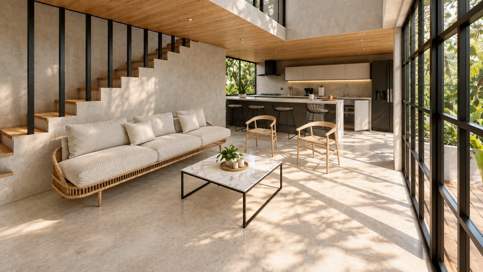 Sala y cocina de doble altura con grandes ventanales hacia la vegetación