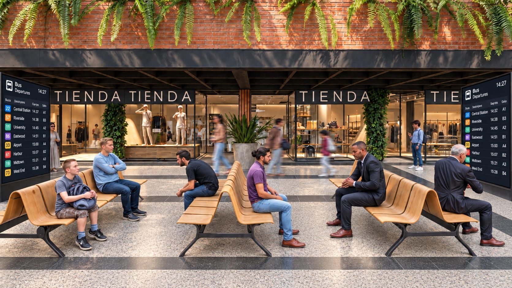 Galería comercial de la terminal con locales, asientos de madera y cubierta metálica