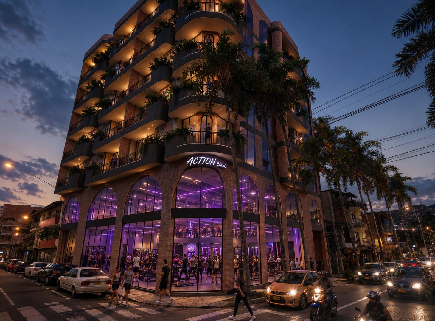Edificio de noche con la planta baja iluminada y balcones escalonados