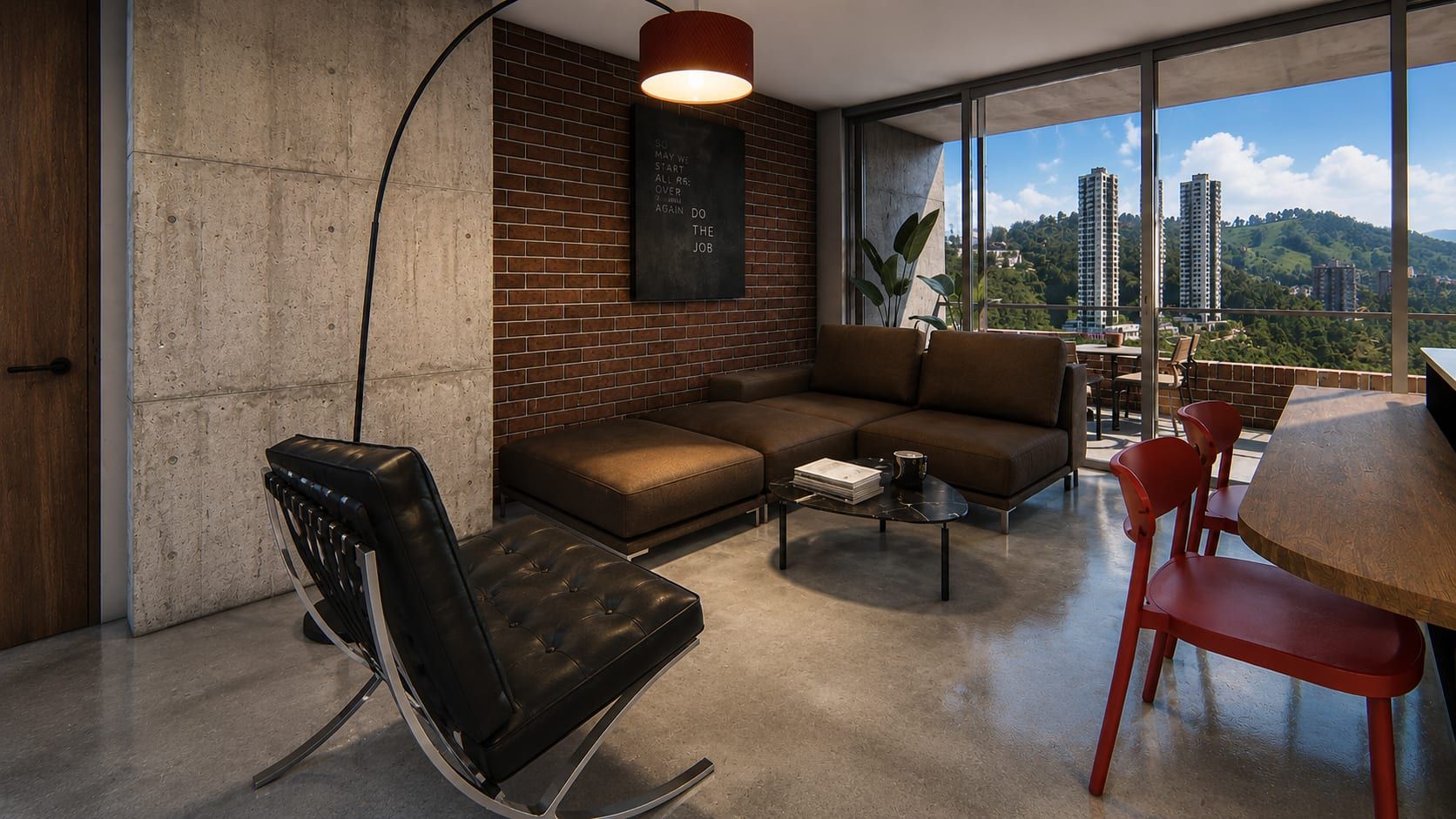 Sala con muro de ladrillo, butaca de cuero, lámpara de arco y balcón