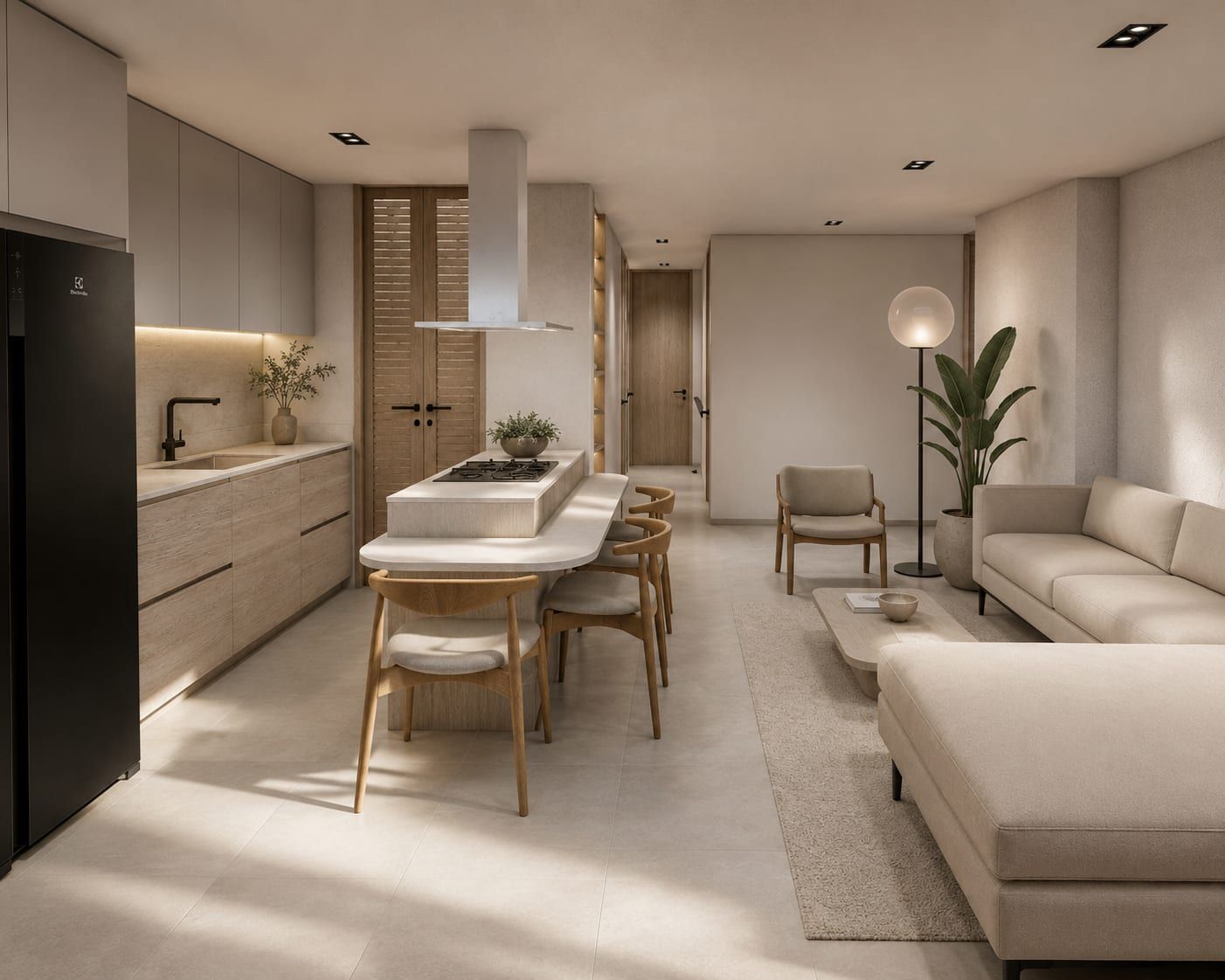 Cocina, comedor y sala en un solo ambiente, en tonos claros