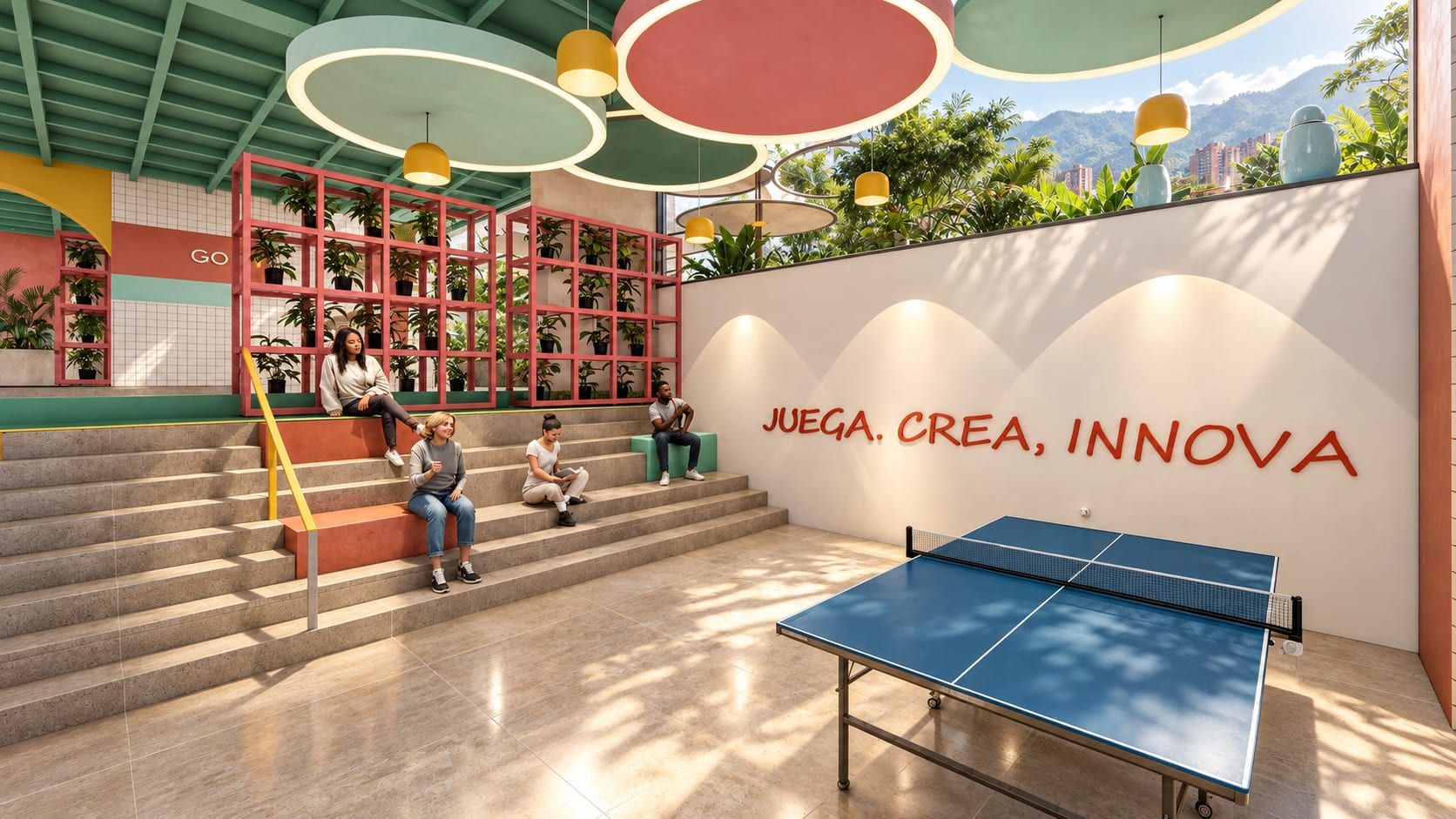 Graderías con una mesa de ping-pong y el lema "Juega, crea, innova" en el muro