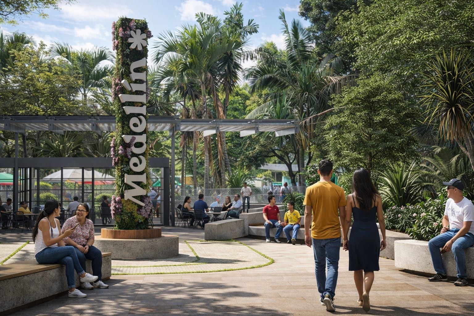 Plazoleta con el tótem de Medellín, bancas y personas caminando