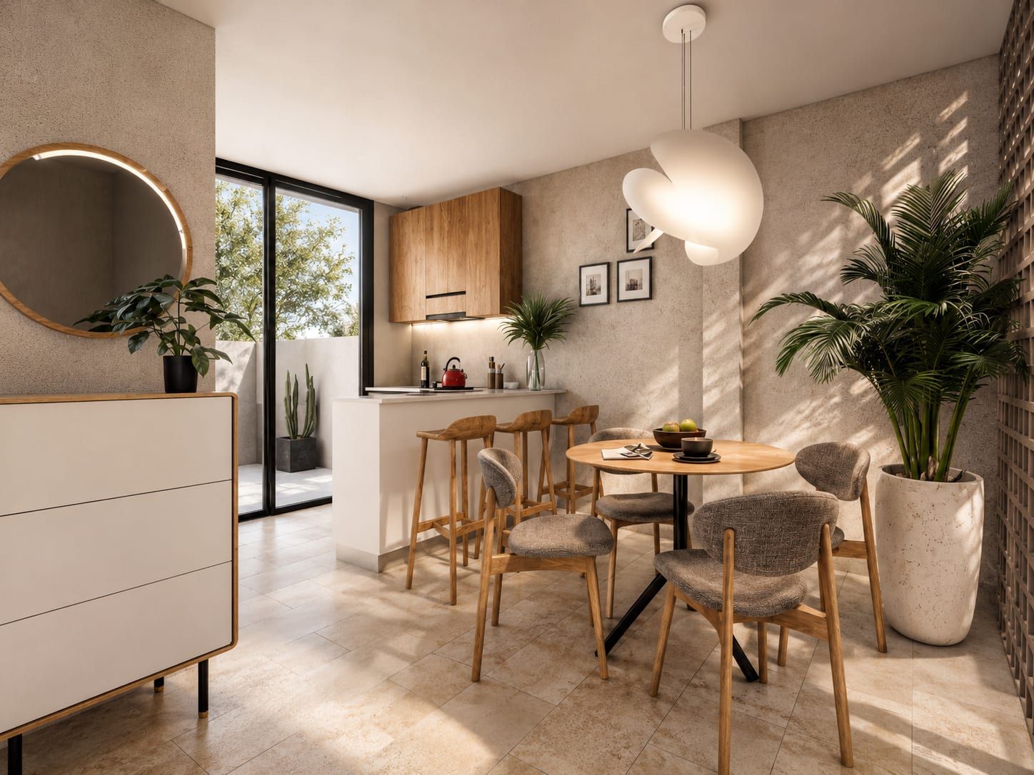 Cocina y comedor con ventanal, barra de madera y lámpara de fibra natural