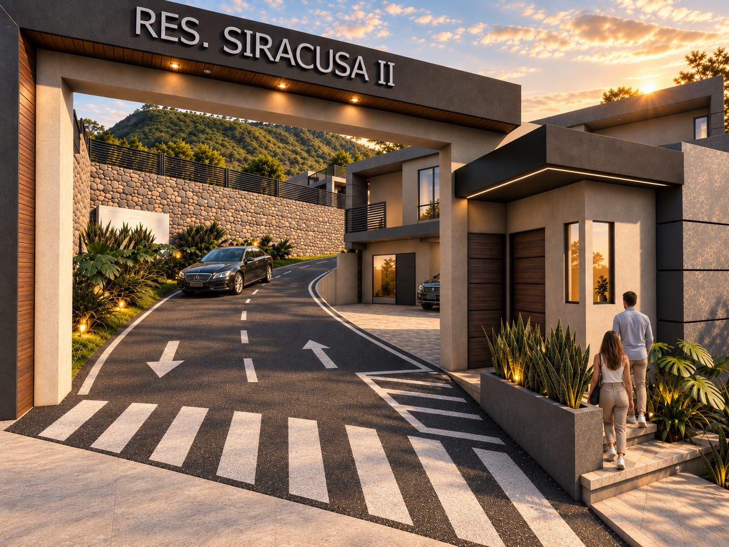 Portal de acceso con el letrero "Res. Siracusa II" y una pareja caminando