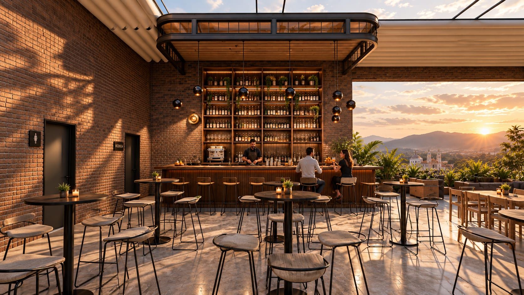 Barra del rooftop con estantería de botellas al atardecer