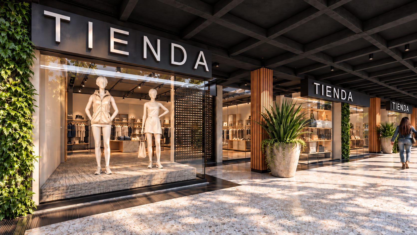 Fachada de un local de ropa con aviso y vitrina iluminada