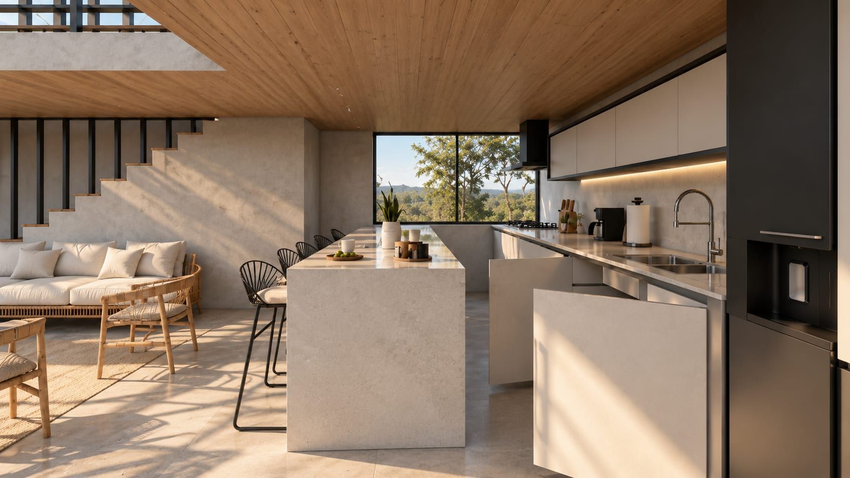 Cocina con isla de mármol vista desde la sala de doble altura