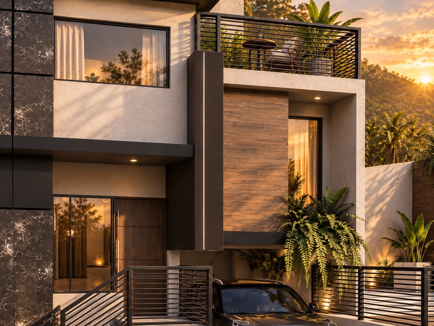 Detalle de fachada con balcón y revestimiento de madera al atardecer