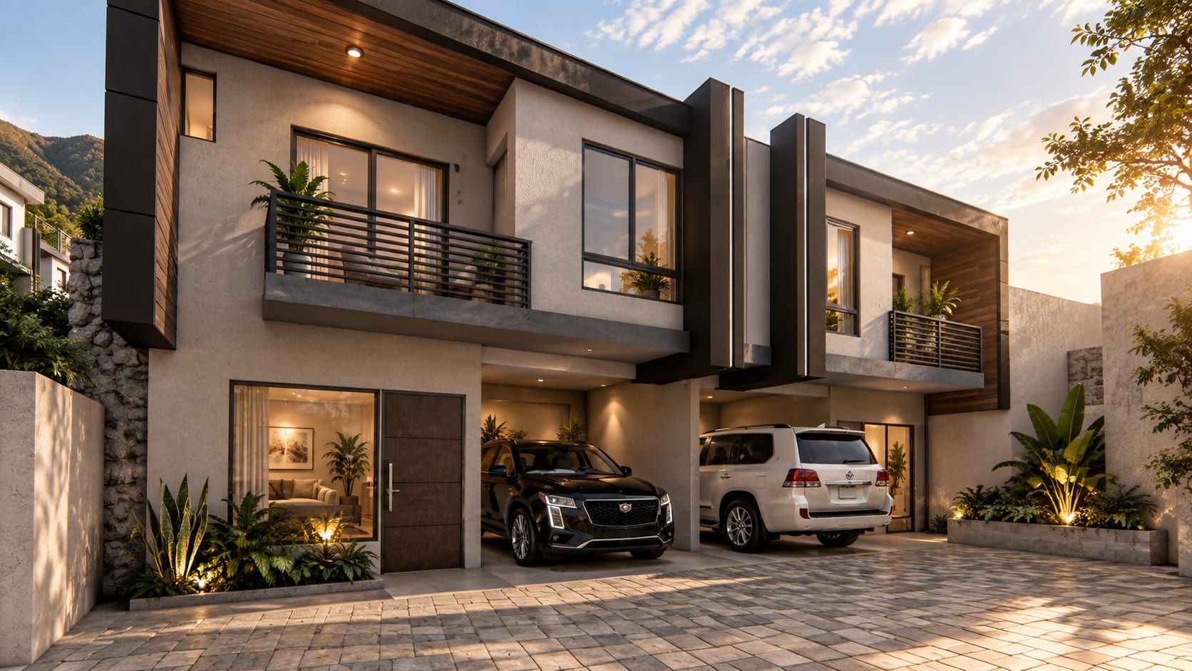 Vivienda con balcón y vehículos en el acceso