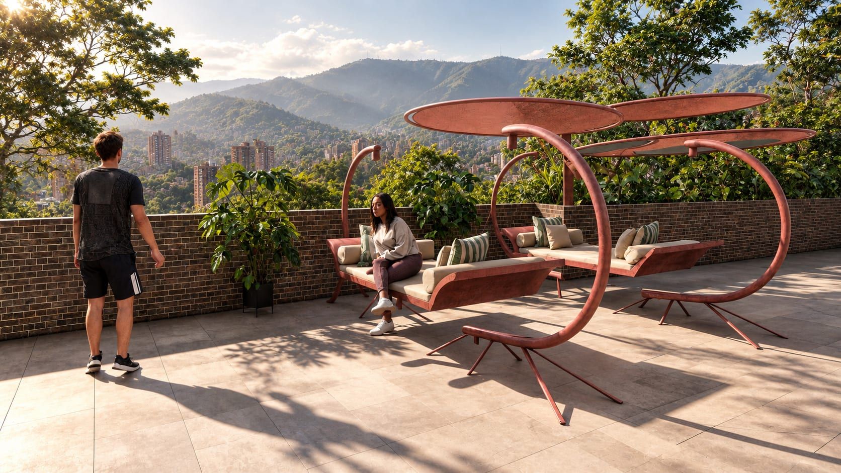 Mobiliario escultórico en la terraza, con una persona y la montaña al fondo