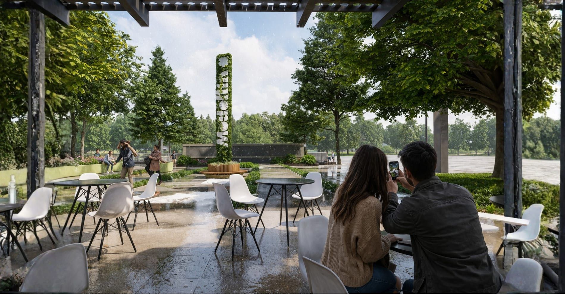 Mesas de café al aire libre entre árboles
