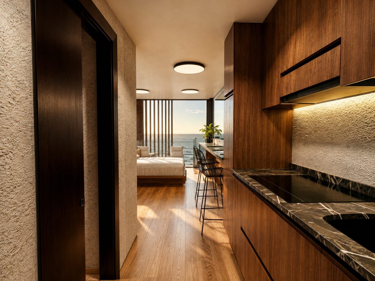 Cocina de una aparta-suite con muebles de madera y vista exterior