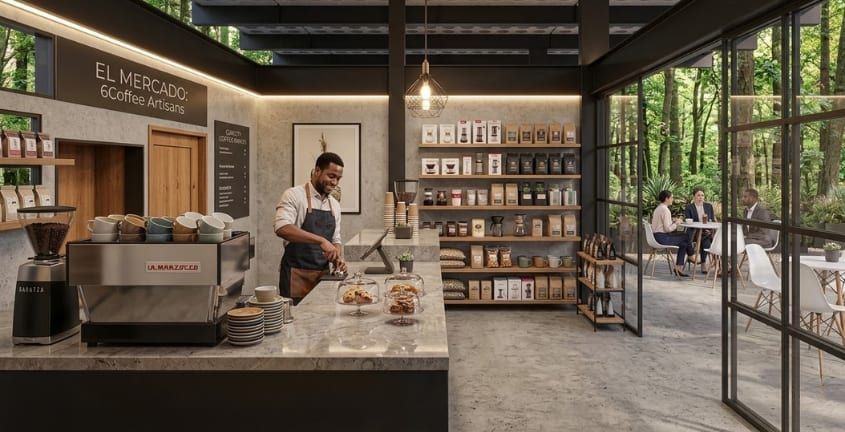Cafetería con mostrador, estantes y ventanales hacia el bosque