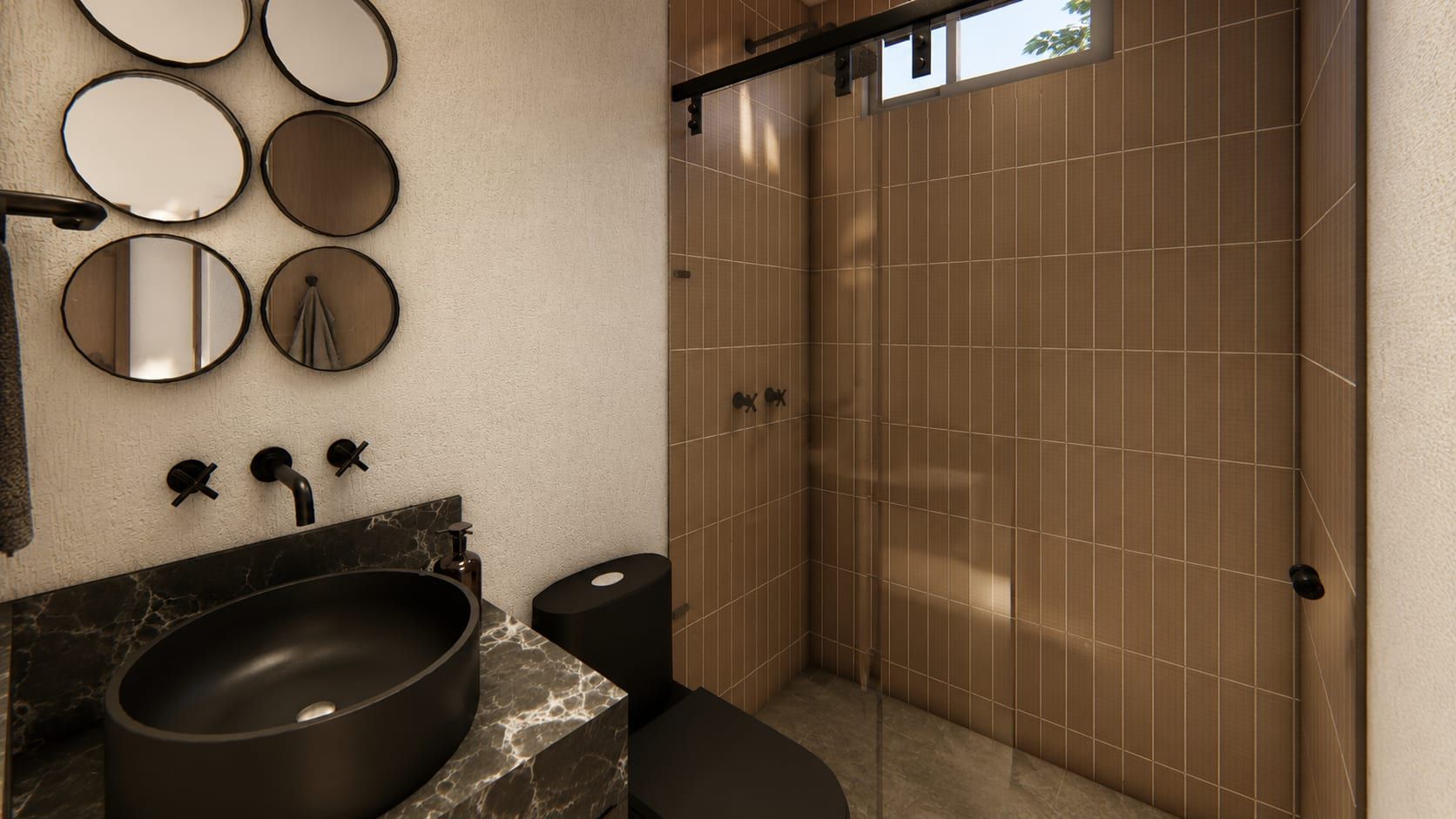 Baño con lavamanos negro, espejos redondos y ducha enchapada