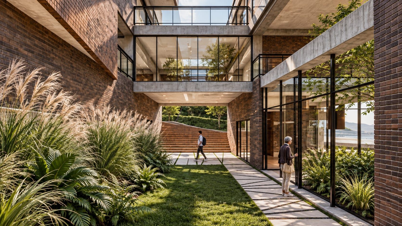 Patio con vegetación y un puente entre volúmenes de ladrillo