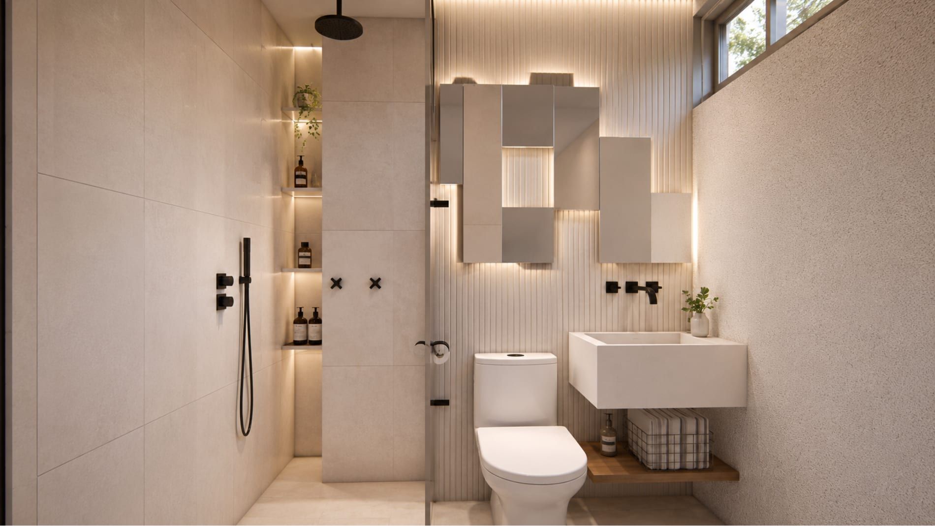 Baño con ducha, repisas iluminadas y piezas geométricas en el muro